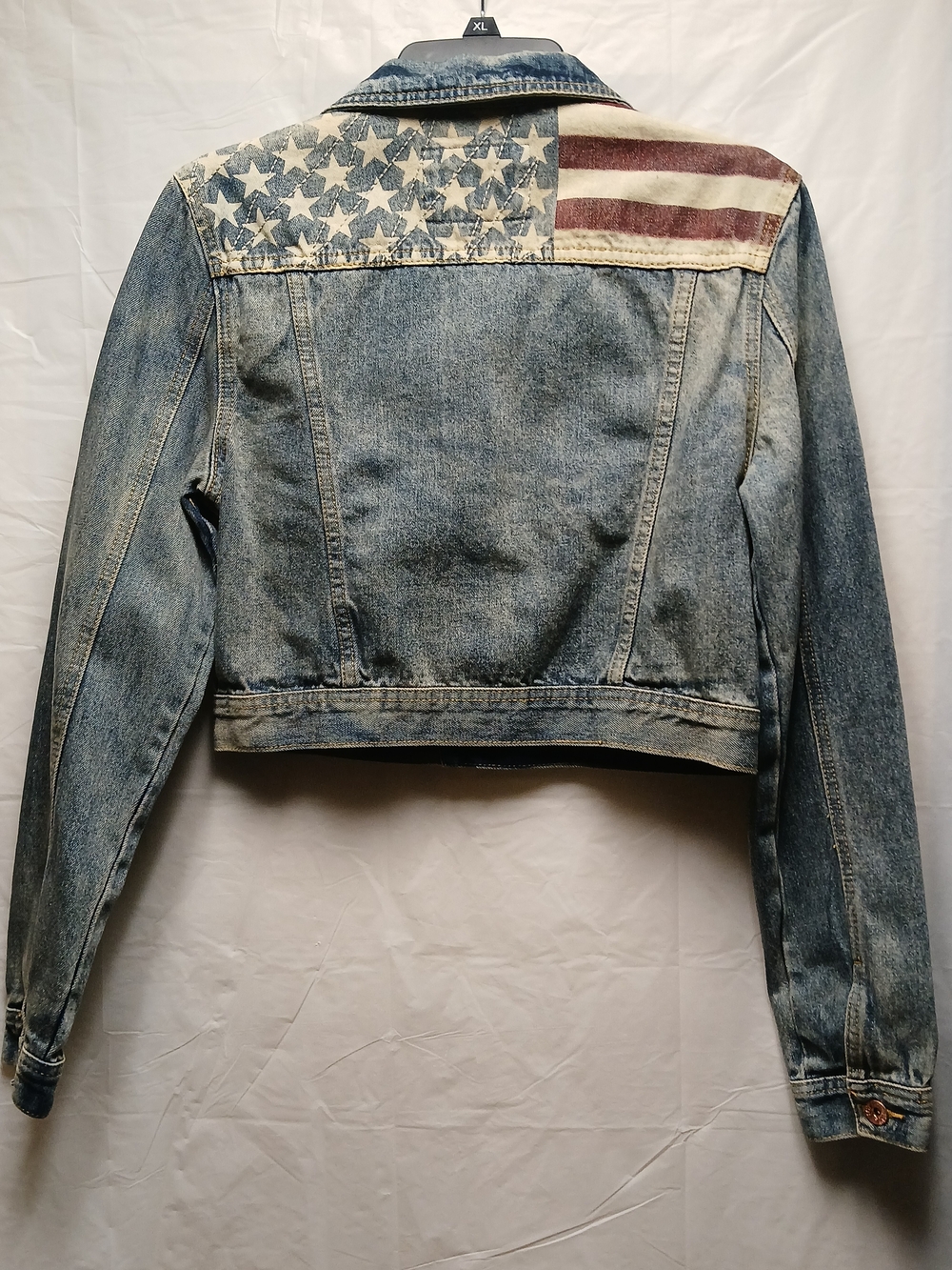Rue21 Women's Blue Denim Jacket with Faded American Flag Back Panel